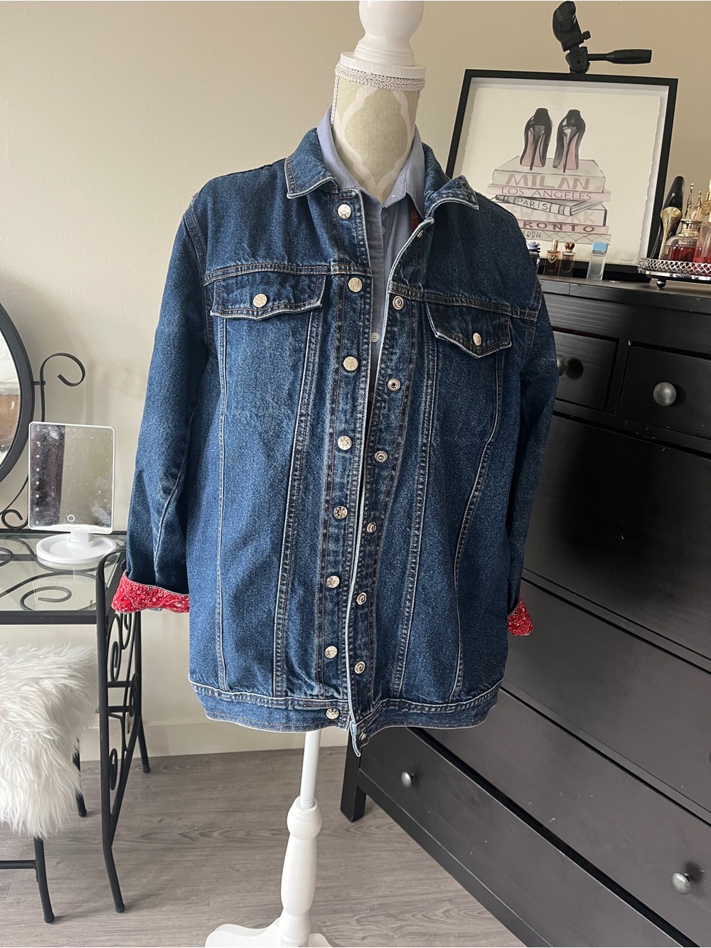 Classic Dark Blue Denim Jacket with Silver Buttons